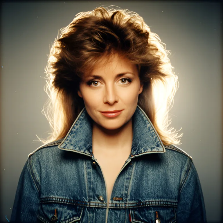 1980s glamour studio portrait generated from test selfie A, denim jacket