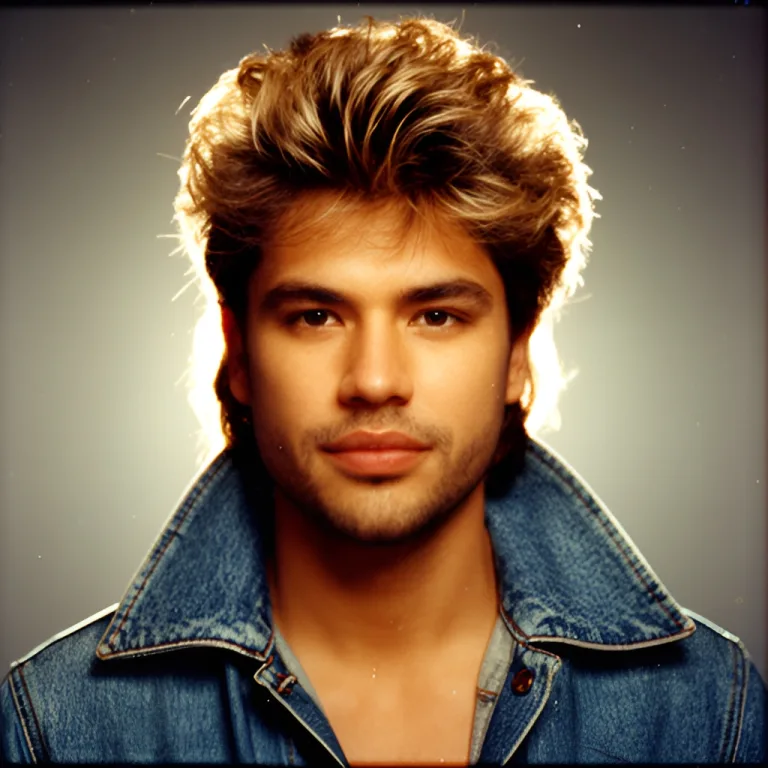 1980s glamour studio portrait generated from test selfie B, denim jacket