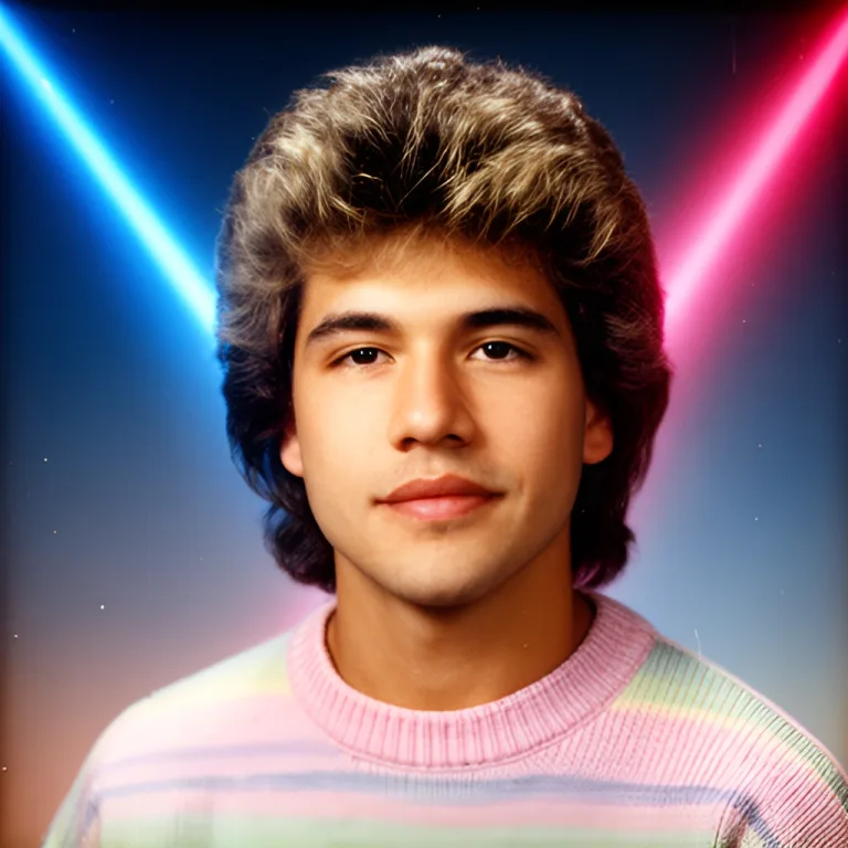1980s yearbook portrait generated from test selfie B, laser backdrop